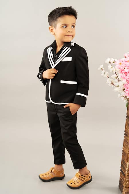 Shop Little Brats Black Viscose, Satin Contrast Stripe Pattern Jacket And Pant Set Online at Aza Fashions Shop_Little Brats_Black Viscose, Satin Contrast Stripe Pattern Jacket And Pant Set _Online_at_Aza_Fashions