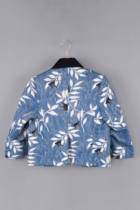 Shop Little Brats Blue Muslin, Satin Monkey Print Blazer at Aza Fashions Shop_Little Brats_Blue Muslin, Satin Monkey Print Blazer _at_Aza_Fashions