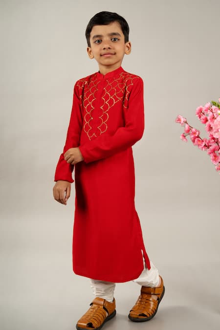 Little Brats Red Roman Silk Embroidered Sequin Scallop Placed Kurta With Churidar 
