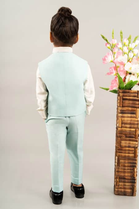 Shop Little Brats White Cotton, Silk Embroidery Waistcoat Pant Set at Aza Fashions Shop_Little Brats_White Cotton, Silk Embroidery Waistcoat Pant Set _at_Aza_Fashions
