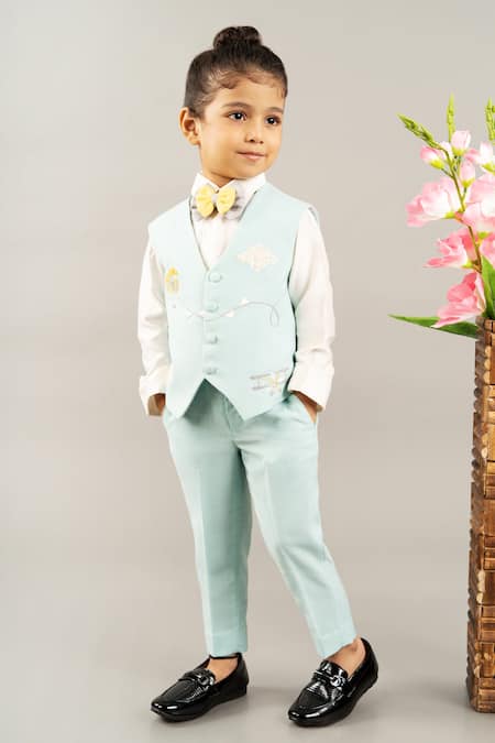 Shop Little Brats White Cotton, Silk Embroidery Waistcoat Pant Set Online at Aza Fashions Shop_Little Brats_White Cotton, Silk Embroidery Waistcoat Pant Set _Online_at_Aza_Fashions