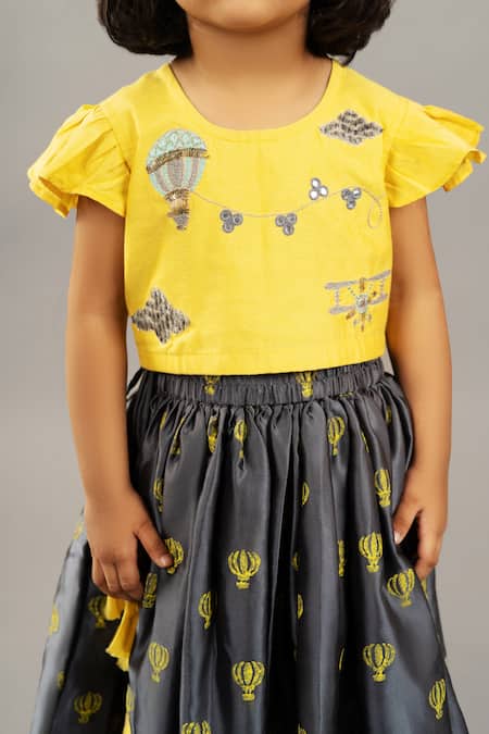 Little Brats Grey Cotton, Modal, Satin Embroidery Hot Air Balloon Print Lehenga With Blouse Online at Aza Fashions Little Brats_Grey Cotton, Modal, Satin Embroidery Hot Air Balloon Print Lehenga With Blouse _Online_at_Aza_Fashions