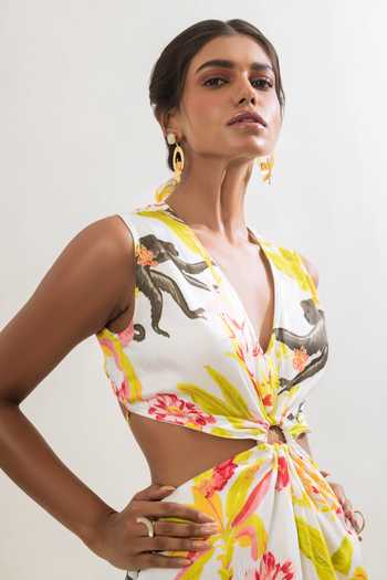 Shop That Thing You Love Multi Color Satin V-neck Floral Print Asymmetric Dress Online at Aza Fashions Shop_That Thing You Love_Multi Color Satin V-neck Floral Print Asymmetric Dress _Online_at_Aza_Fashions