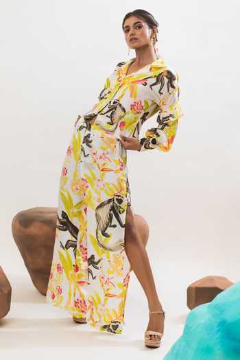That Thing You Love Multi Color Satin Embroidery Collared Floral Print Shirt Online at Aza Fashions That Thing You Love_Multi Color Satin Embroidery Collared Floral Print Shirt _Online_at_Aza_Fashions