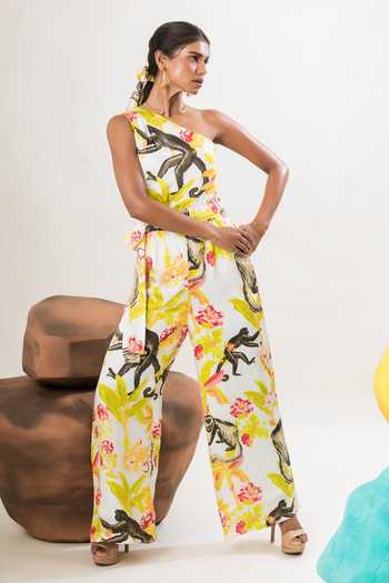 That Thing You Love Multi Color Satin, Cotton One Shoulder Floral Print Jumpsuit With Belt Online at Aza Fashions That Thing You Love_Multi Color Satin, Cotton One Shoulder Floral Print Jumpsuit With Belt _Online_at_Aza_Fashions