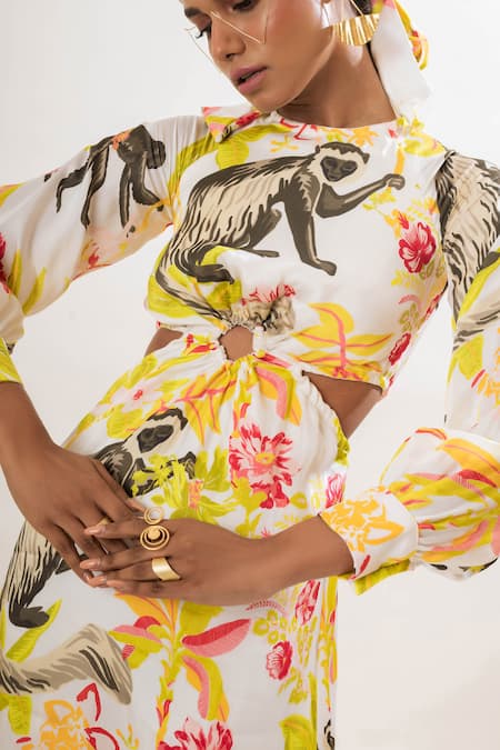 That Thing You Love Multi Color Satin, Cotton High Neck Floral Print Dress Online at Aza Fashions That Thing You Love_Multi Color Satin, Cotton High Neck Floral Print Dress _Online_at_Aza_Fashions