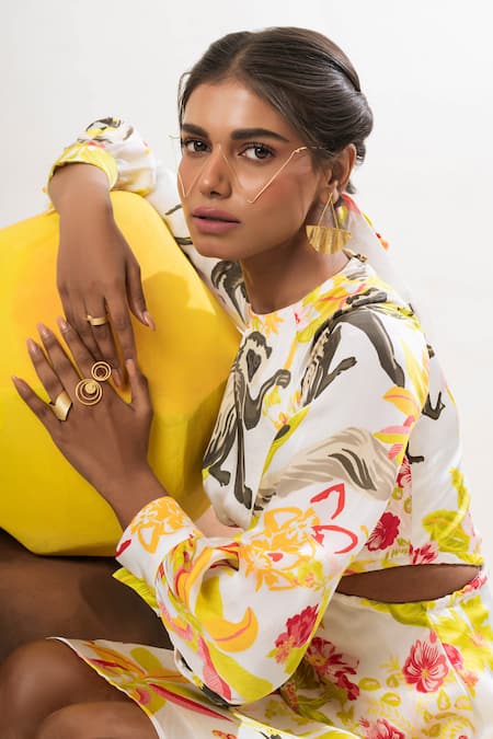 Shop That Thing You Love Multi Color Satin, Cotton High Neck Floral Print Dress Online at Aza Fashions Shop_That Thing You Love_Multi Color Satin, Cotton High Neck Floral Print Dress _Online_at_Aza_Fashions