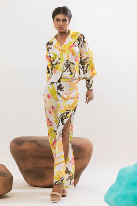 That Thing You Love Multi Color Satin Printed Floral Slit Pant Online at Aza Fashions That Thing You Love_Multi Color Satin Printed Floral Slit Pant _Online_at_Aza_Fashions