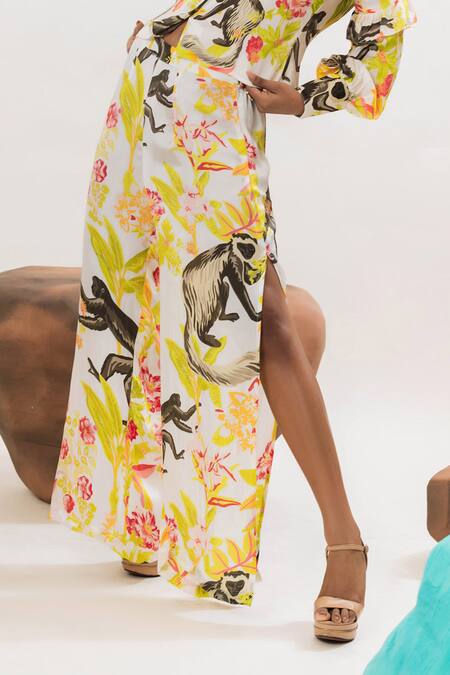 Buy That Thing You Love Multi Color Satin Printed Floral Slit Pant Online at Aza Fashions Buy_That Thing You Love_Multi Color Satin Printed Floral Slit Pant _Online_at_Aza_Fashions