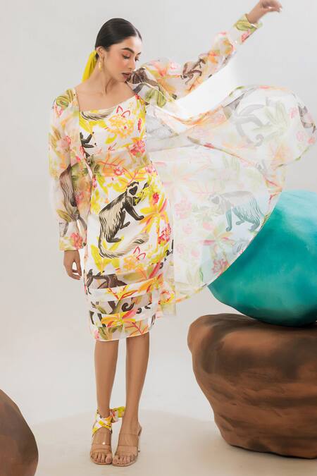 That Thing You Love Multi Color Organza Collared Floral Print Satin Trench Coat Online at Aza Fashions That Thing You Love_Multi Color Organza Collared Floral Print Satin Trench Coat _Online_at_Aza_Fashions