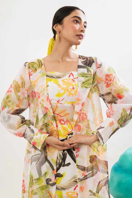 Buy That Thing You Love Multi Color Organza Collared Floral Print Satin Trench Coat Online at Aza Fashions Buy_That Thing You Love_Multi Color Organza Collared Floral Print Satin Trench Coat _Online_at_Aza_Fashions