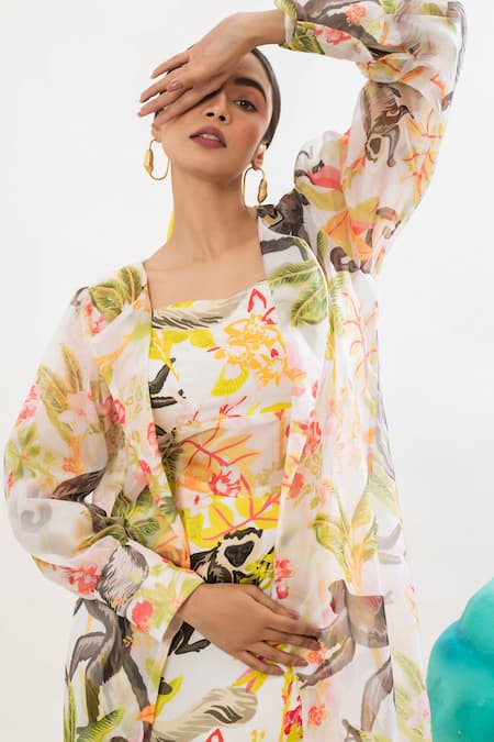 Shop That Thing You Love Multi Color Organza Collared Floral Print Satin Trench Coat Online at Aza Fashions Shop_That Thing You Love_Multi Color Organza Collared Floral Print Satin Trench Coat _Online_at_Aza_Fashions
