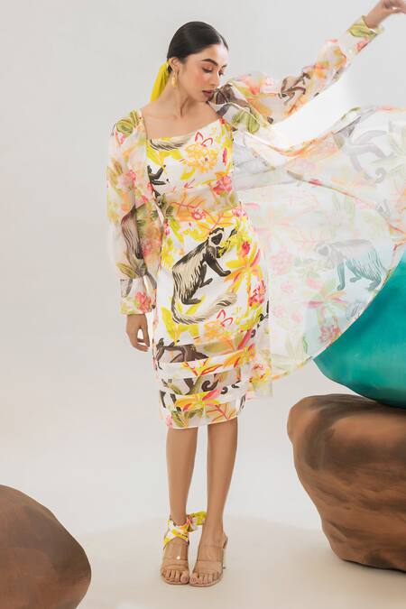 That Thing You Love_Multi Color Satin, Organza, Cotton Square Neck Botanic Pattern A-line Dress _Online_at_Aza_Fashions