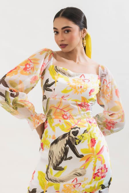 Buy_That Thing You Love_Multi Color Satin, Organza, Cotton Square Neck Botanic Pattern A-line Dress _Online_at_Aza_Fashions