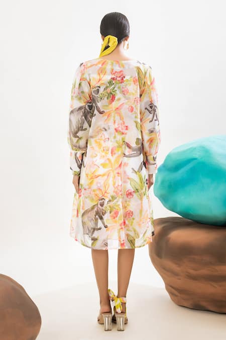 Shop That Thing You Love Multi Color Satin, Organza, Cotton Botanic Pattern Dress With Sheer Trench Coat at Aza Fashions Shop_That Thing You Love_Multi Color Satin, Organza, Cotton Botanic Pattern Dress With Sheer Trench Coat _at_Aza_Fashions