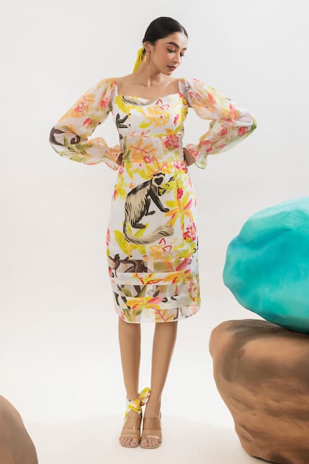 That Thing You Love Multi Color Satin, Organza, Cotton Botanic Pattern Dress With Sheer Trench Coat Online at Aza Fashions That Thing You Love_Multi Color Satin, Organza, Cotton Botanic Pattern Dress With Sheer Trench Coat _Online_at_Aza_Fashions