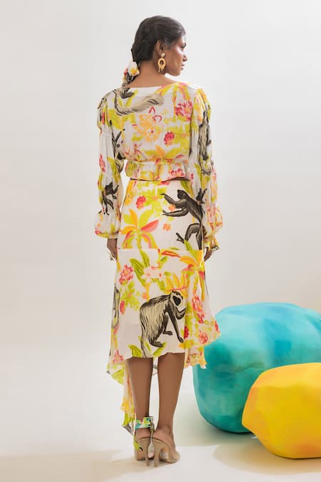 Shop That Thing You Love Multi Color Satin, Cotton Botanic Pattern Asymmetric Skirt at Aza Fashions Shop_That Thing You Love_Multi Color Satin, Cotton Botanic Pattern Asymmetric Skirt _at_Aza_Fashions