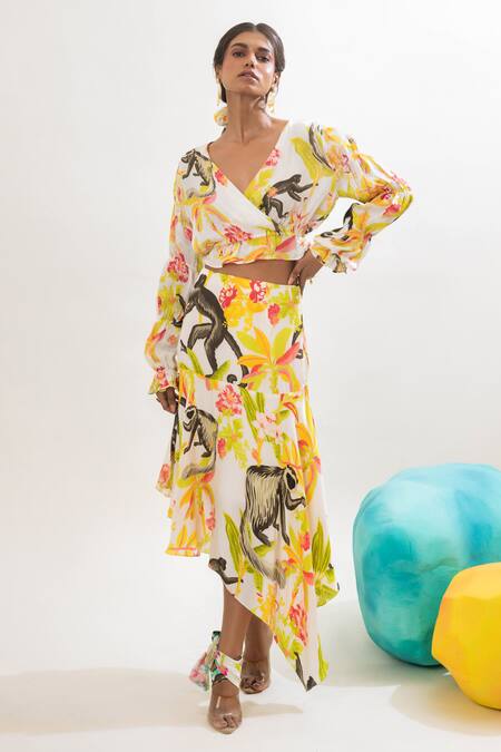 That Thing You Love Multi Color Satin, Cotton Botanic Pattern Asymmetric Skirt Online at Aza Fashions That Thing You Love_Multi Color Satin, Cotton Botanic Pattern Asymmetric Skirt _Online_at_Aza_Fashions