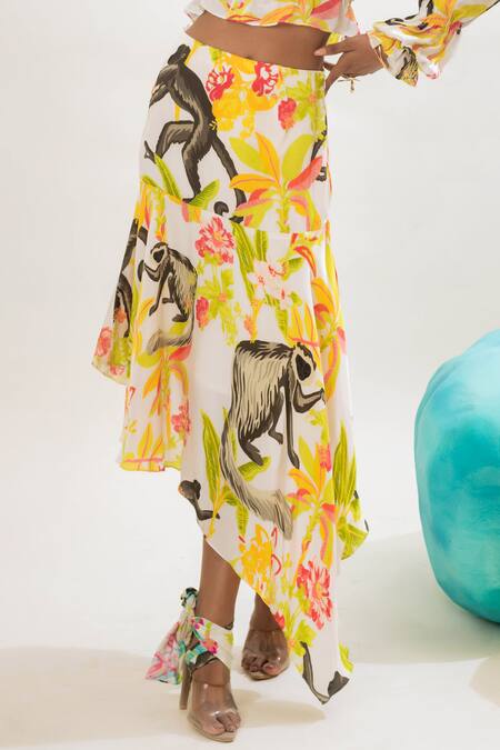 Buy That Thing You Love Multi Color Satin, Cotton Botanic Pattern Asymmetric Skirt Online at Aza Fashions Buy_That Thing You Love_Multi Color Satin, Cotton Botanic Pattern Asymmetric Skirt _Online_at_Aza_Fashions