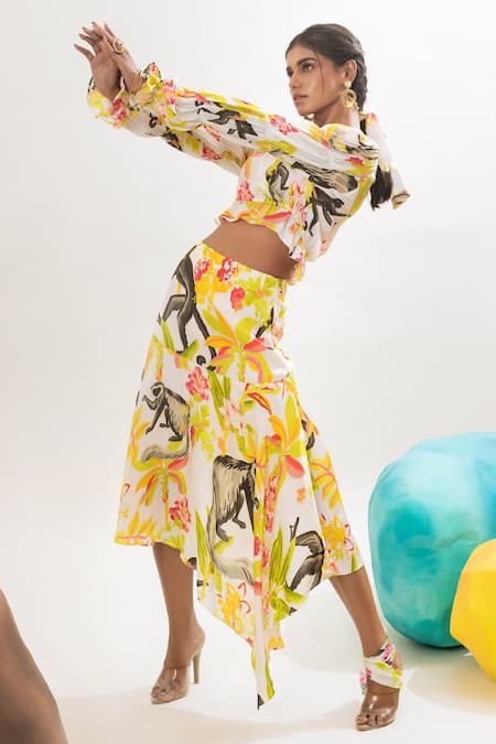 Shop That Thing You Love Multi Color Satin, Cotton Botanic Pattern Asymmetric Skirt Online at Aza Fashions Shop_That Thing You Love_Multi Color Satin, Cotton Botanic Pattern Asymmetric Skirt _Online_at_Aza_Fashions