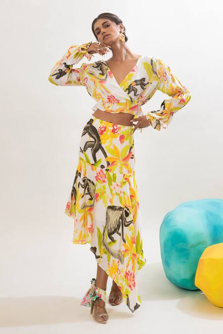 Buy_That Thing You Love_Multi Color Satin, Cotton V-neck Botanic Pattern Crop Top And Skirt Set _Online_at_Aza_Fashions
