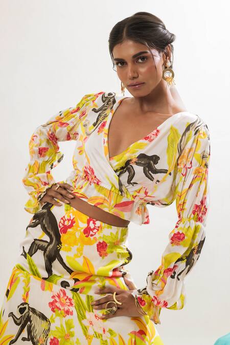 That Thing You Love_Multi Color Satin, Cotton V-neck Botanic Pattern Crop Top And Skirt Set _at_Aza_Fashions