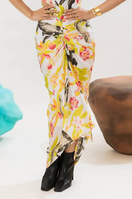 Buy_That Thing You Love_Multi Color Satin, Cotton Embroidery Botanic Pattern Corset And Draped Skirt Set _Online_at_Aza_Fashions