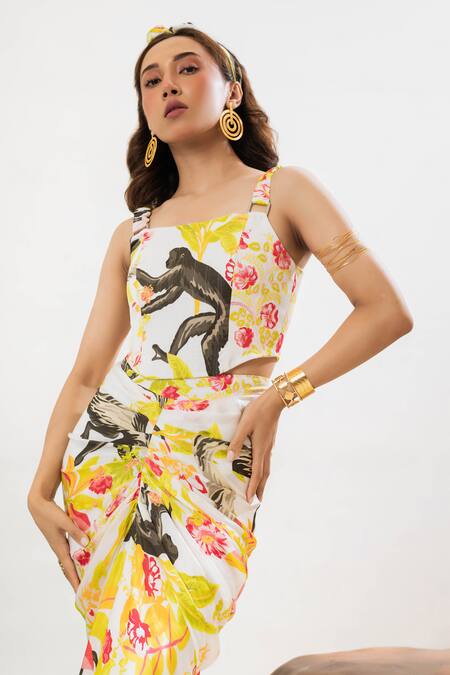 Shop_That Thing You Love_Multi Color Satin, Cotton Embroidery Botanic Pattern Corset And Draped Skirt Set _Online_at_Aza_Fashions