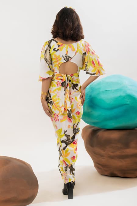 Shop That Thing You Love Multi Color Satin, Cotton Round Neck Botanic Pattern Draped Top at Aza Fashions Shop_That Thing You Love_Multi Color Satin, Cotton Round Neck Botanic Pattern Draped Top _at_Aza_Fashions