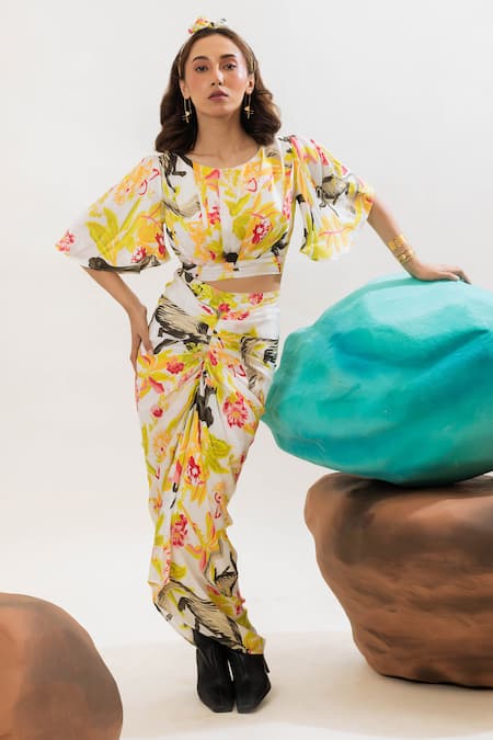 That Thing You Love Multi Color Satin, Cotton Round Neck Botanic Pattern Draped Top Online at Aza Fashions That Thing You Love_Multi Color Satin, Cotton Round Neck Botanic Pattern Draped Top _Online_at_Aza_Fashions