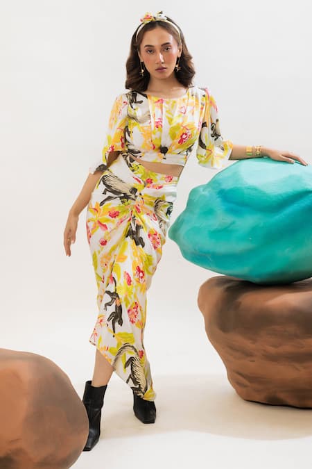 Buy_That Thing You Love_Multi Color Satin, Cotton Embroidery Botanic Pattern Draped Top And Skirt Set _Online_at_Aza_Fashions