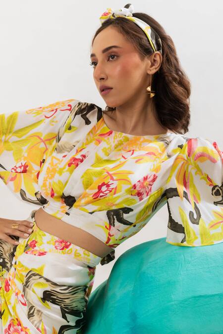 That Thing You Love_Multi Color Satin, Cotton Embroidery Botanic Pattern Draped Top And Skirt Set _at_Aza_Fashions