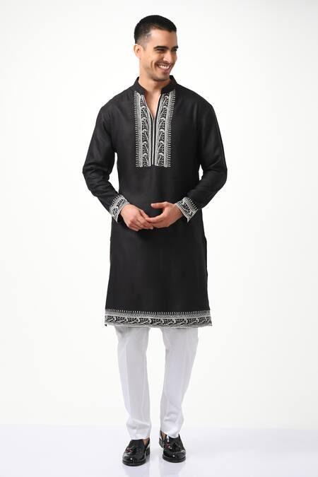 Taroob_Black Pure Silk Embroidered Dori Kurta Set _Online_at_Aza_Fashions