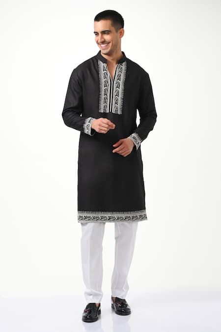 Buy_Taroob_Black Pure Silk Embroidered Dori Kurta Set _Online_at_Aza_Fashions