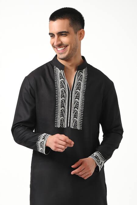 Shop_Taroob_Black Pure Silk Embroidered Dori Kurta Set _Online_at_Aza_Fashions