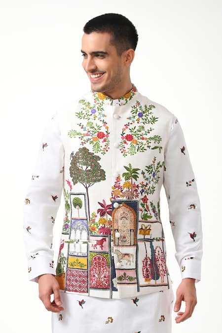 Taroob White Silk Embroidery Moroccan Kalamkari Nehru Jacket Online at Aza Fashions Taroob_White Silk Embroidery Moroccan Kalamkari Nehru Jacket _Online_at_Aza_Fashions