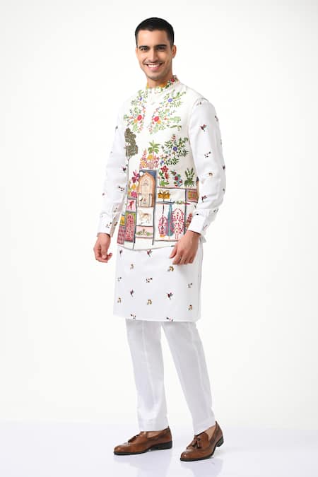Shop Taroob White Silk Embroidery Moroccan Kalamkari Nehru Jacket Online at Aza Fashions Shop_Taroob_White Silk Embroidery Moroccan Kalamkari Nehru Jacket _Online_at_Aza_Fashions
