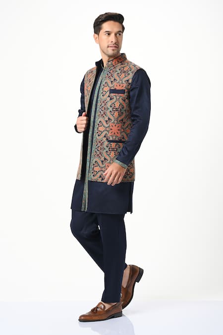 Taroob_Blue Silk, Wool Embroidery Kashmiri Sozni Nehru Jacket _Online_at_Aza_Fashions