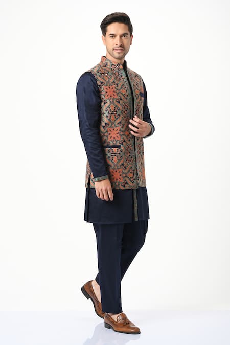 Buy_Taroob_Blue Silk, Wool Embroidery Kashmiri Sozni Nehru Jacket _Online_at_Aza_Fashions