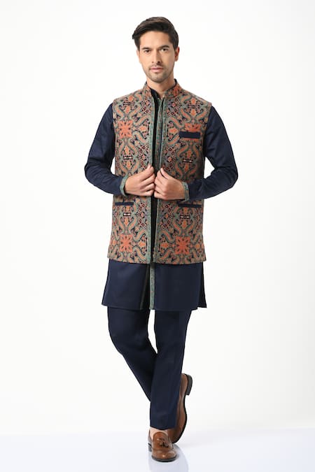 Taroob_Blue Silk, Wool Embroidery Kashmiri Sozni Nehru Jacket _at_Aza_Fashions