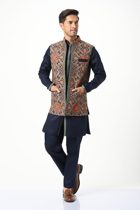 Buy_Taroob_Blue Silk, Wool Embroidery Kashmiri Sozni Nehru Jacket 