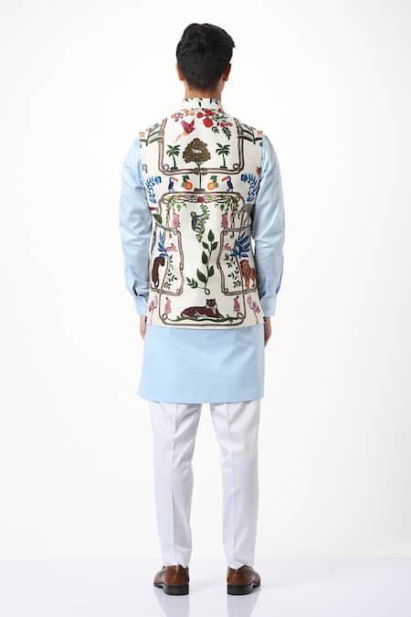 Shop_Taroob_White Silk Embroidery Safari Kalamkari Nehru Jacket _at_Aza_Fashions