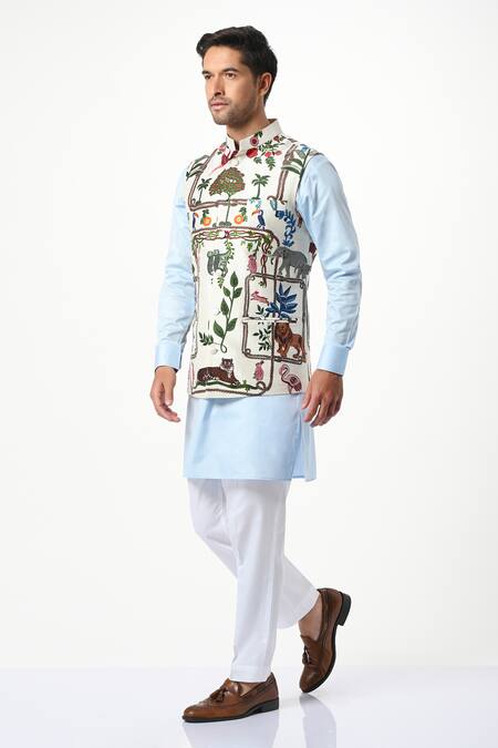 Buy_Taroob_White Silk Embroidery Safari Kalamkari Nehru Jacket _Online_at_Aza_Fashions