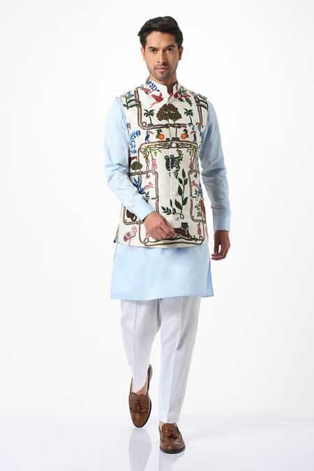 Shop_Taroob_White Silk Embroidery Safari Kalamkari Nehru Jacket _Online_at_Aza_Fashions