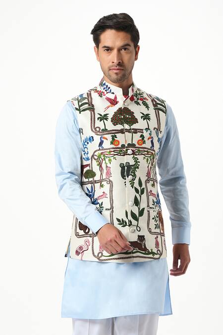 Taroob_White Silk Embroidery Safari Kalamkari Nehru Jacket _at_Aza_Fashions