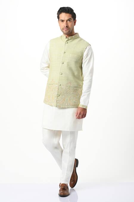 Buy Sage Green Jacket With Golden Motifs Online in UAE @Manyavar - Nehru  Jacket for Men