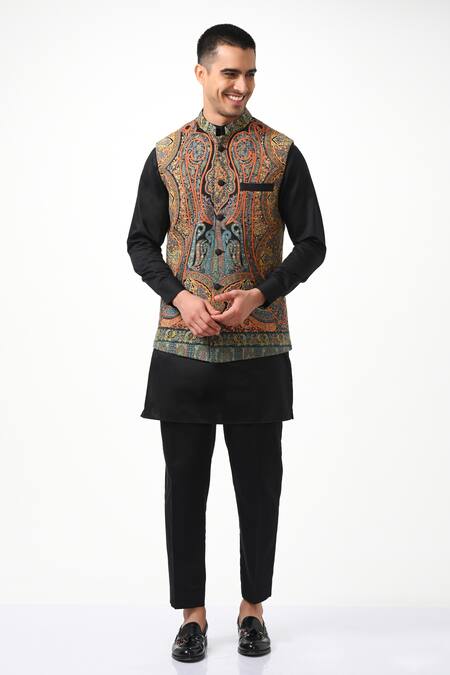 LONG KASHMIRI JAMAWAR JACKET WITH HEAVY PAISLEY-FLORAL EMBROIDERY ,  MONOCHROMATIC COAT