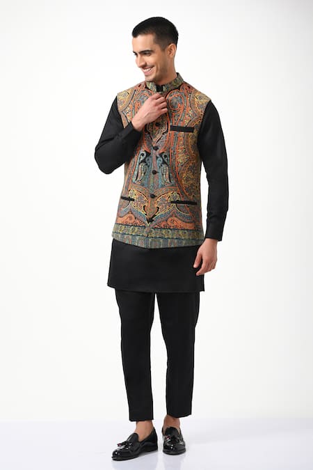 Taroob Black Silk, Wool Embroidery Vintage Kashmiri Sozni Nehru Jacket Online at Aza Fashions Taroob_Black Silk, Wool Embroidery Vintage Kashmiri Sozni Nehru Jacket _Online_at_Aza_Fashions