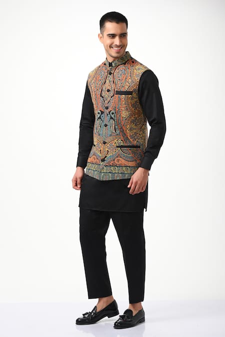 Shop Taroob Black Silk, Wool Embroidery Vintage Kashmiri Sozni Nehru Jacket Online at Aza Fashions Shop_Taroob_Black Silk, Wool Embroidery Vintage Kashmiri Sozni Nehru Jacket _Online_at_Aza_Fashions