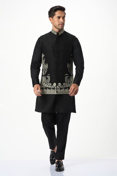 Taroob Silk Mughal Paisley Work Nehru Jacket 